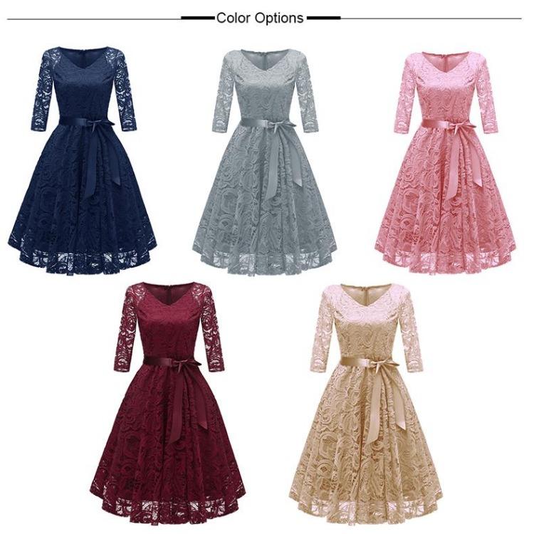 Vintage Floral Lace Bridesmaid Dress 3 4 Sleeve A Line with Ribbon Belt Tea Length Cocktail Party Evening Occasion Outfit Day Wear