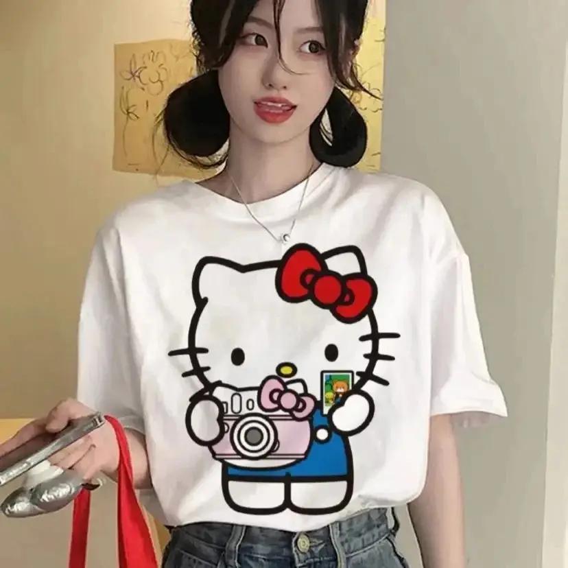 Lovely Summer New Women Hello Kitty Pattern Tshirt Anime Style Casual and Loose Fit Fashionable Couple Wear 100 Pure Cotton