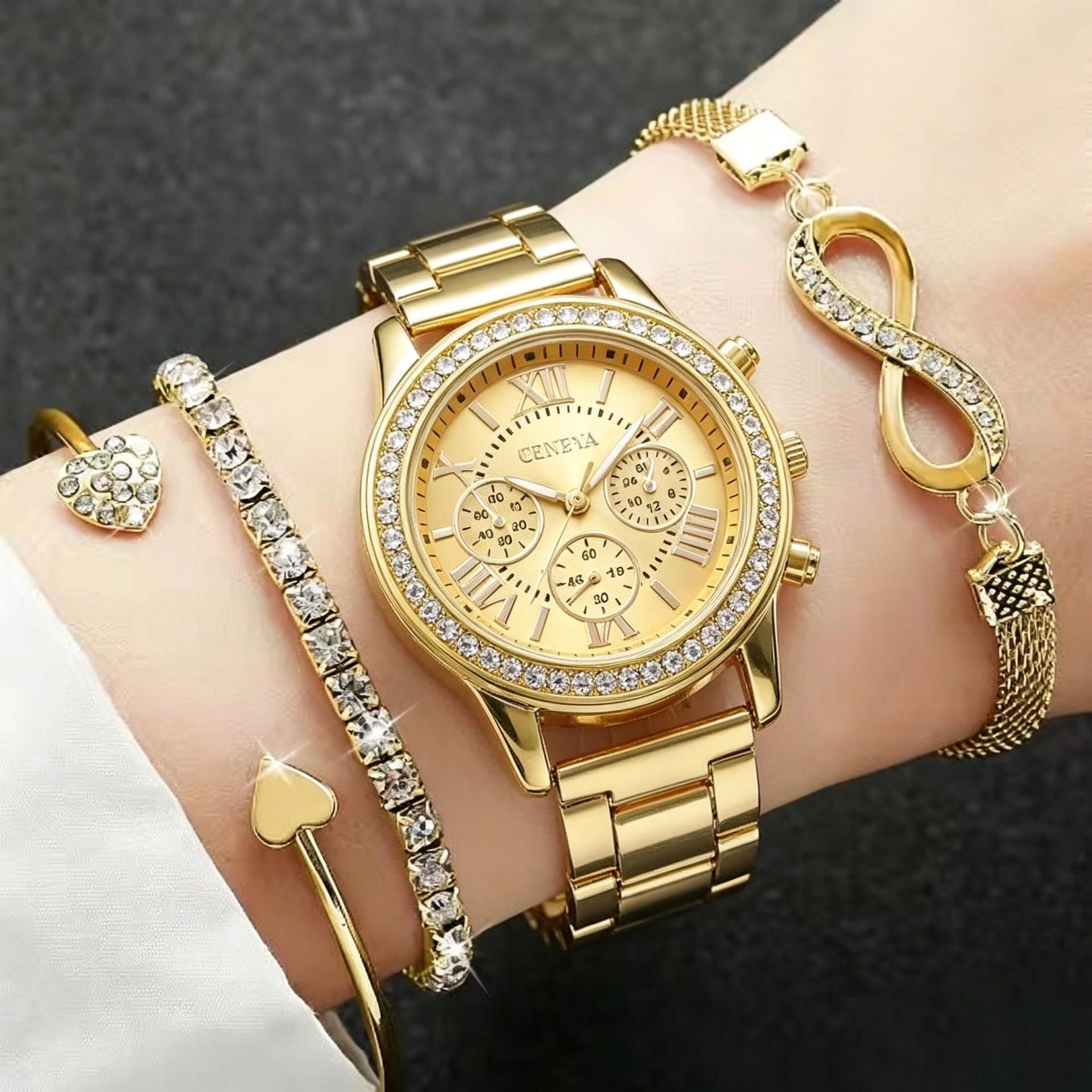 Women S Classic Steel Belt Simple Business Table Roman Scale Burst Full Diamond Multi-Piece Jewelry Set Quartz Wrist