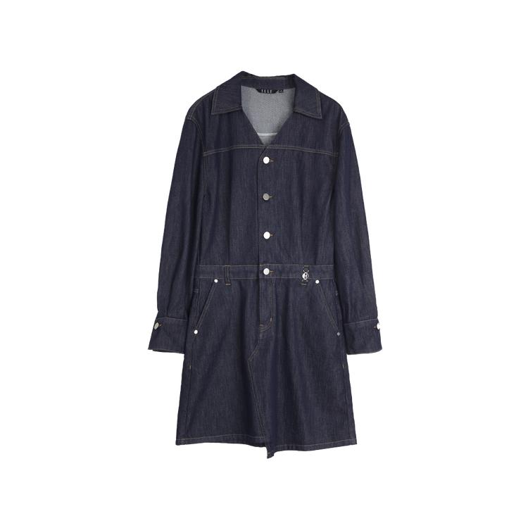 ELLE French Elegant Commuter Style Irregular Denim Skirt Vintage Lace-Up Long Sleeve Dress Women dresses Dark-Blue EL49300