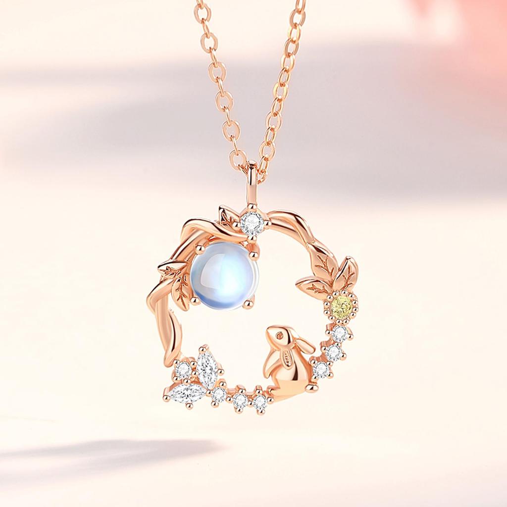 Moon Rabbit Necklace 925 Pink June Birthstone Day Elegant Accessory [Silver Thunder] Silver, Gold, (Moonstone), Anti-Allergy, Valentine's Gift,