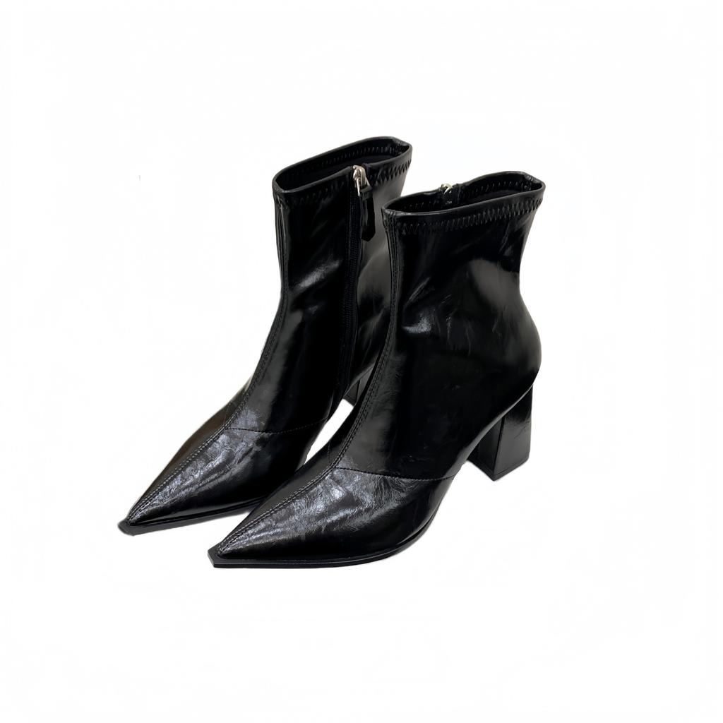 Patent Leather High-heeled Short Boots Women's 2025 Autumn and Winter New Thick Heel Thin Boots Pointed British Style Medium Tube Thin Martin Boots