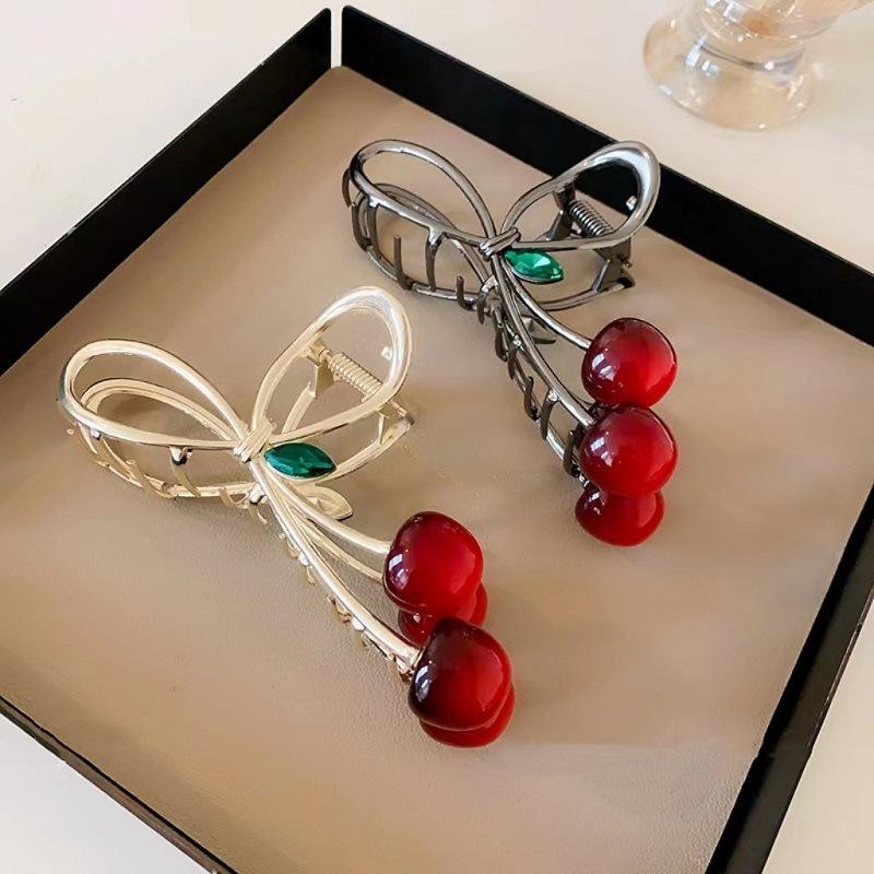 1pc Korean Sweet Cherry Bow Grab Clip Small Fresh Hairpin Shark Clip Hair Clip Simple Style Hair Clip Hair Accessories