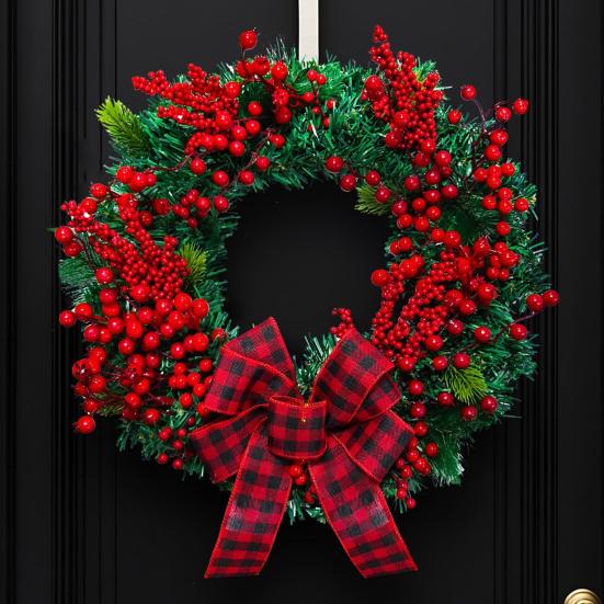 15 Inch Christmas Wreath for Front Door Artificial Greenery Wreath with Red Berries And Buffalo Plaid Bow for Holiday Indoor Outdoor Wall Farmhouse