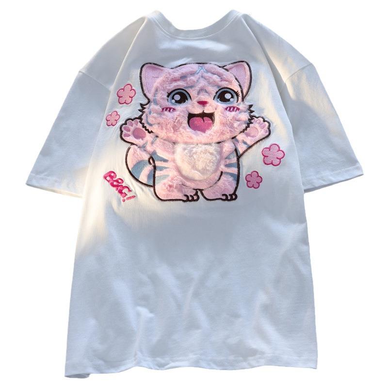 Guochao Oversized Flocked Cute Tiger Tee – Unisex Short-Sleeve, Niche Design, Couple Outfits