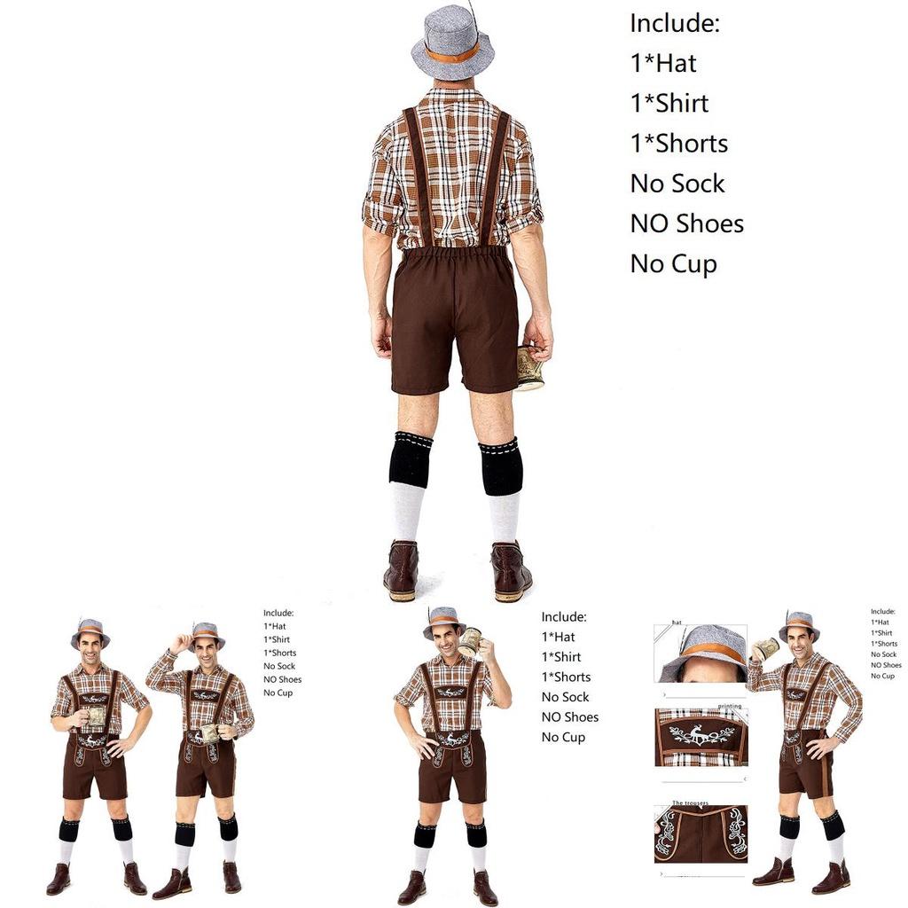 Stylish German Oktoberfest Clothing Men Fawn Print Khaki Plaid Costume Set