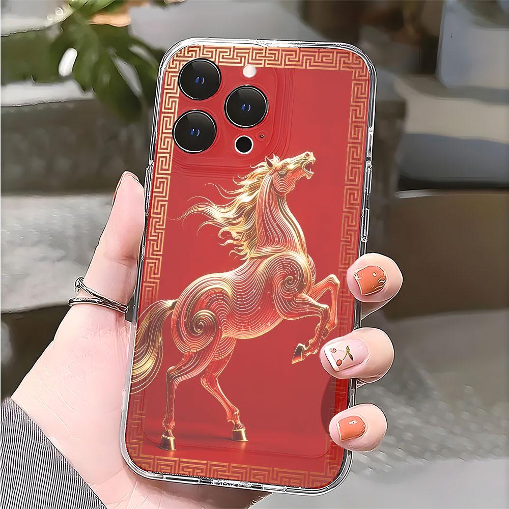 Golden Horse on Red Background lucency Phone Case for IPhone 14 15 16 13 12 11 17 Pro Max 12 13 Mini Soft Cover