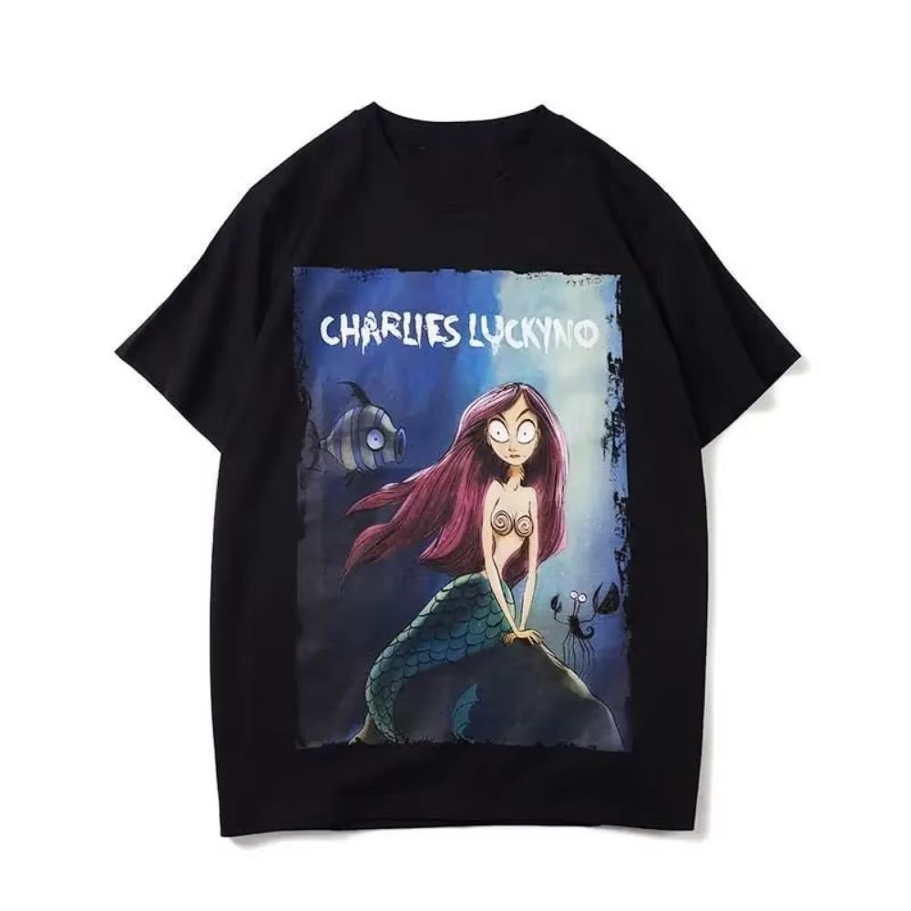 T-shirt Homme Marque de Mode Européenne Américaine Cerf Sirène Blanche-Neige Manches Courtes Homme et Femme Couples Cl Étoile Le Même Été