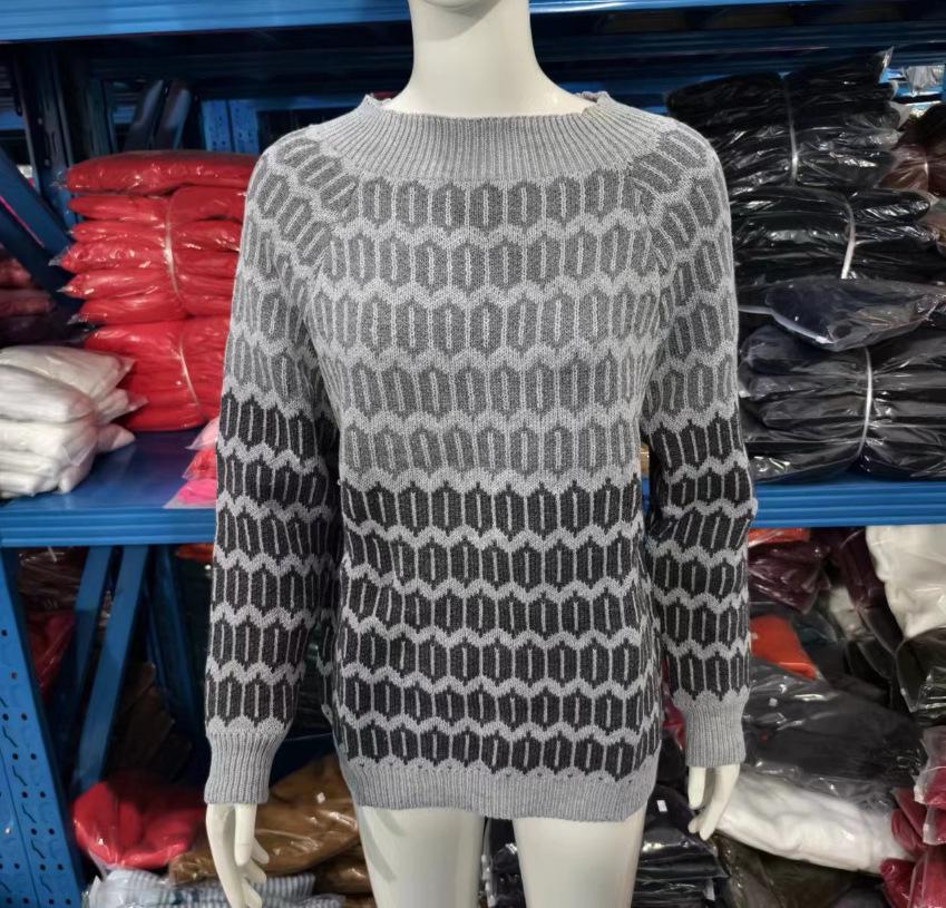 Women's European Retro Fair Isle Long Sleeve Color Block Knitted Sweater Top