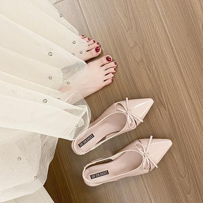 French Thick Heel Nude Bow Bag Head Sandals Fairy Shoes 2025 New Spring and Summer with Skirt Pointed Single Shoes
