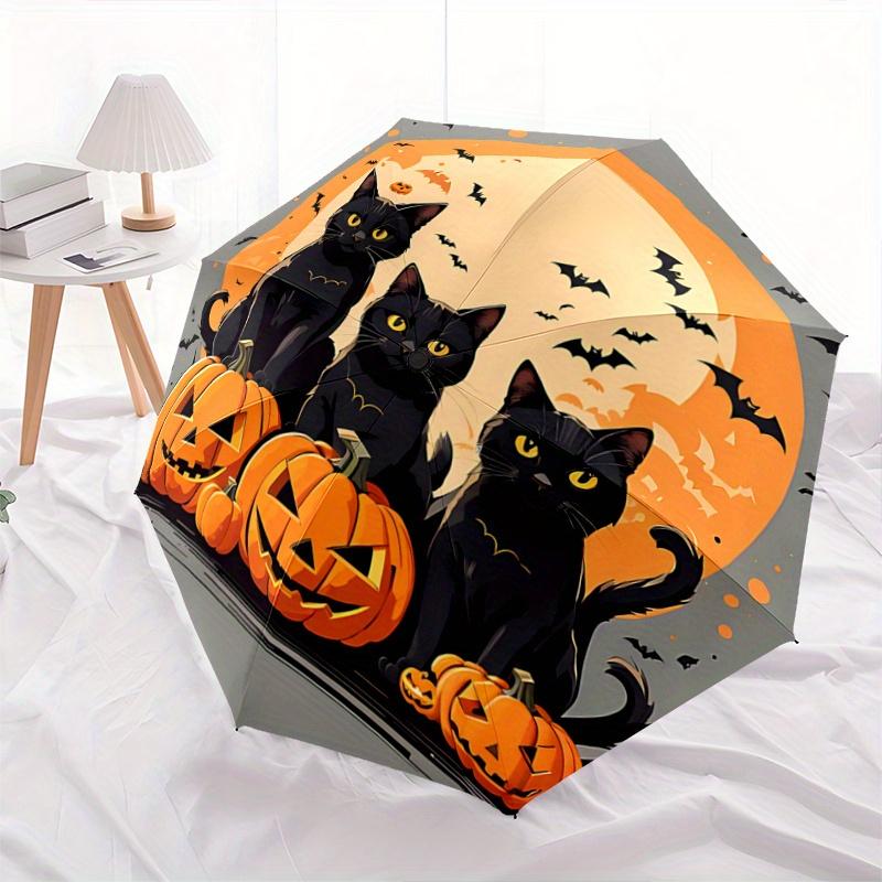 1pc Halloween Night Black Cats Automatic Folding Umbrella - 3 Folding Design, Vivid Cartoon Pattern, Suitable for Outdoor Activities, A Gift for