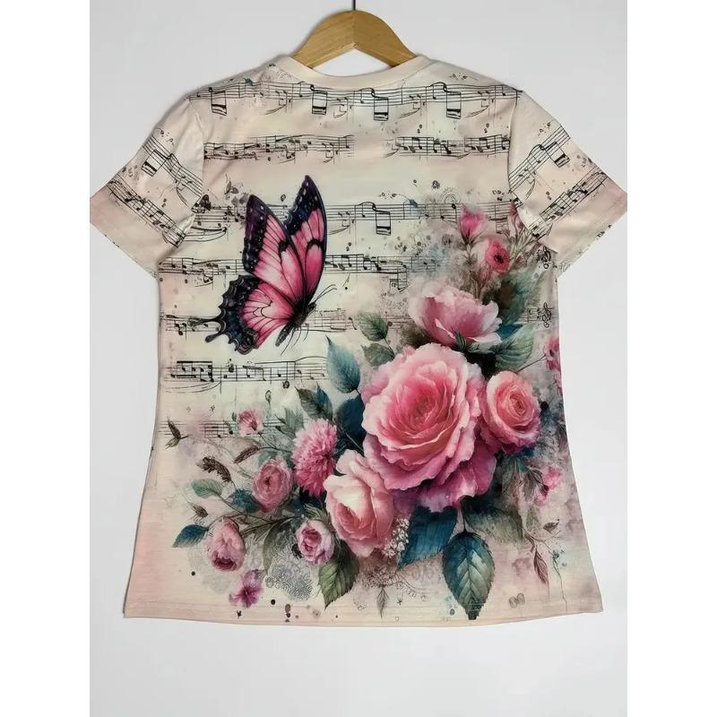 Women's Summer Round Neck Short Sleeved T-shirt with 3D Romantic Rose Print Casual Top Breathable Machine Washable Suitable for Outdoor Daily Wear