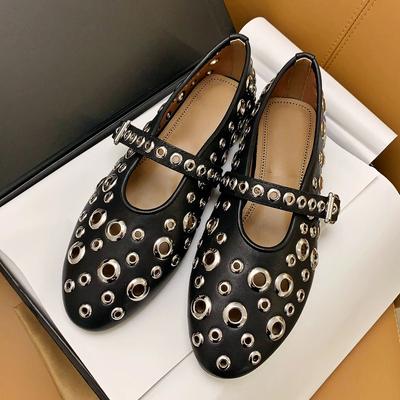 Rivet Flat Pantoletten Damenmode Runde Zehen Ballerinas Metalldekoration Designerschuhe Damen Strass Casual Mary Jane