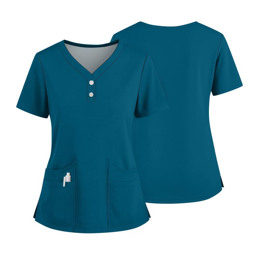 Women's Short Sleeved Solid Color V-neck Buttonable Side Slit Top T-shirt