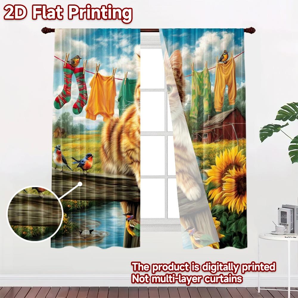 2D flat printing 2pcs Curtain Window Drapes Summer Farm Cat Scene Digital Printed Polyester Drapes Festive Wall Decor Use for