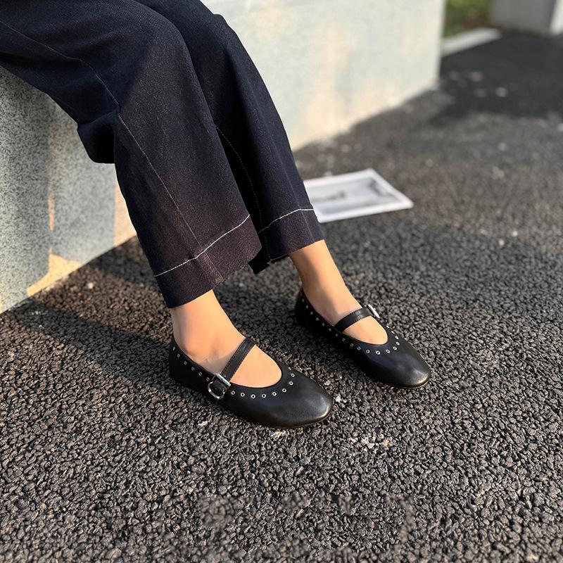 Johnature Retro Mary Janes Shoes Comfortable Round Toe Rivet Shallow Buckle Strap Women's Flat Shoes