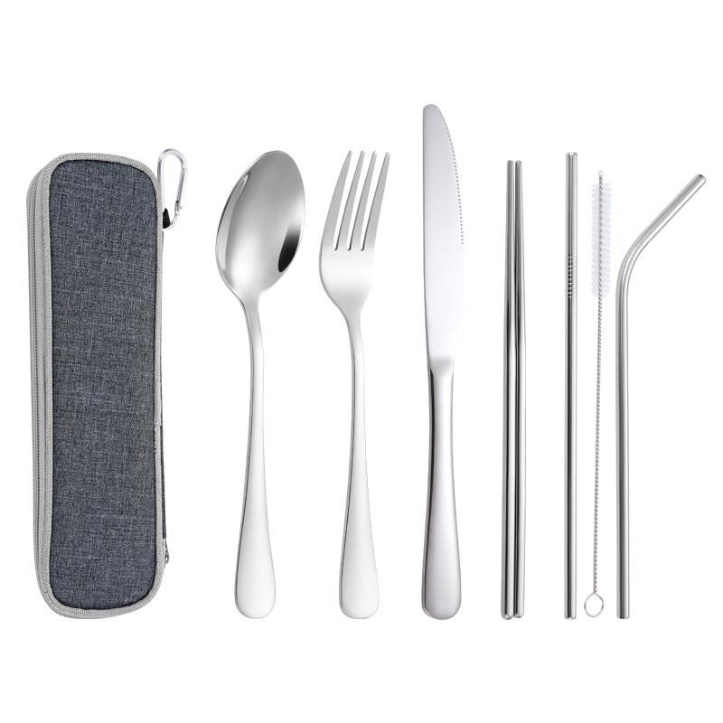 Stainless Steel Knife and Fork Spoon, Cleaning Brush, Chopsticks Set Out for Hotel Home Dinner, Smooth Integrated Forming, 7PCs