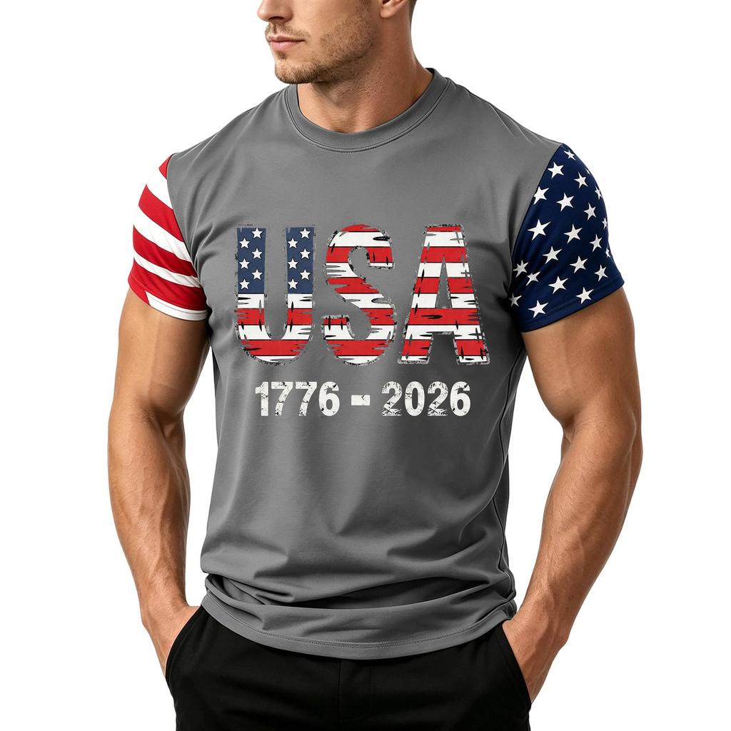 Men's Loose Fit Short Sleeve T Shirt USA Flag Print Casual Summer Daily Wear Crew Neck Top for Outdoor Activities
