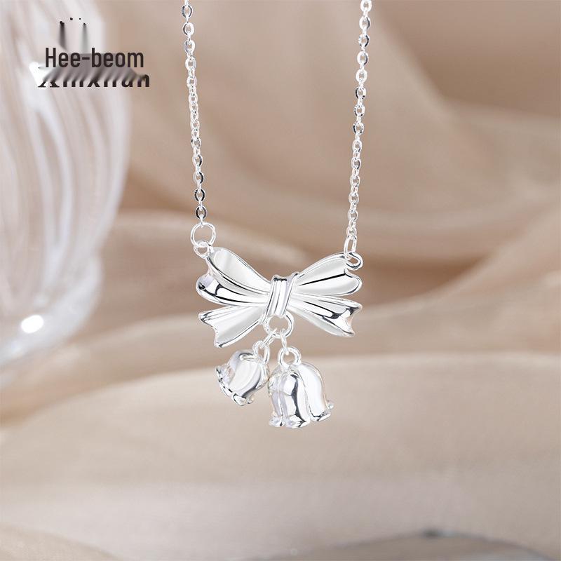 

Gold-Toned S925 Sterling Silver Lily of the Valley Bow Necklace - Elegant Clavicle Chain for Students, Fashionable Flower Accessory Gift Gold 925 Sterling