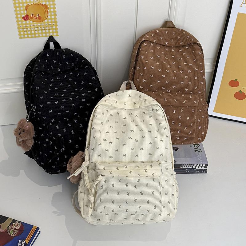 Schoolbag Corduroy Bow Middle School High School Student School Bag Women's Large Capacity Versatile Backpack Girl Cute Travel Backpack