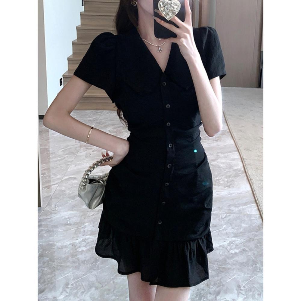 Small Fashion Not Picky Small Black Dress Ruffle Edge Dress Female Slim Slim Slim Short Skirt