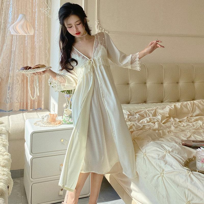 Sexy Pajamas Women Ice Ribbon Chest Pad French Silk Suspender Pajamas Pajamas Medium and Long Pure Desire Mesh Lace