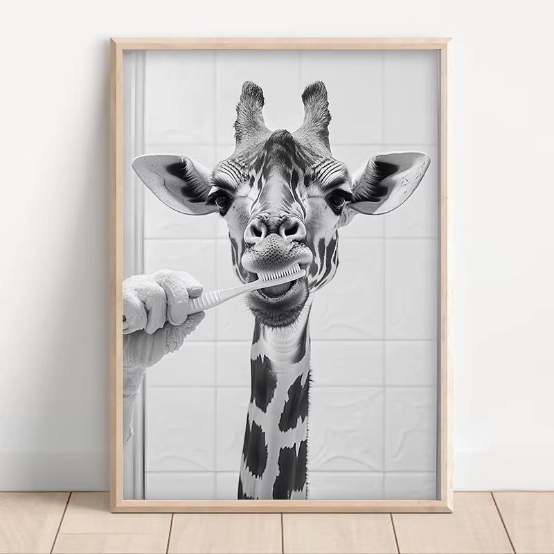 Black White Funny Bathroom Brushing Teeth Poster Vintage Style Animal Canvas Painting Print Wall Art Picture for Home Decoration