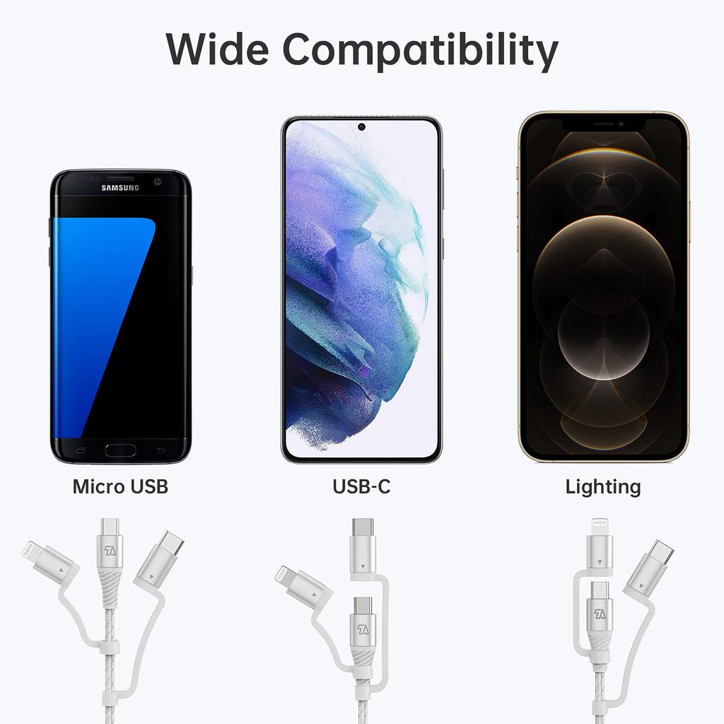 Teleadapt Typ USB-Laden Schnellladen MFi Kompatibel mit iPhone- und Android-Geräten Lightning/USB C/Micro 3-in-1-Kabel, 2,4A/480MBPS-Kabel,