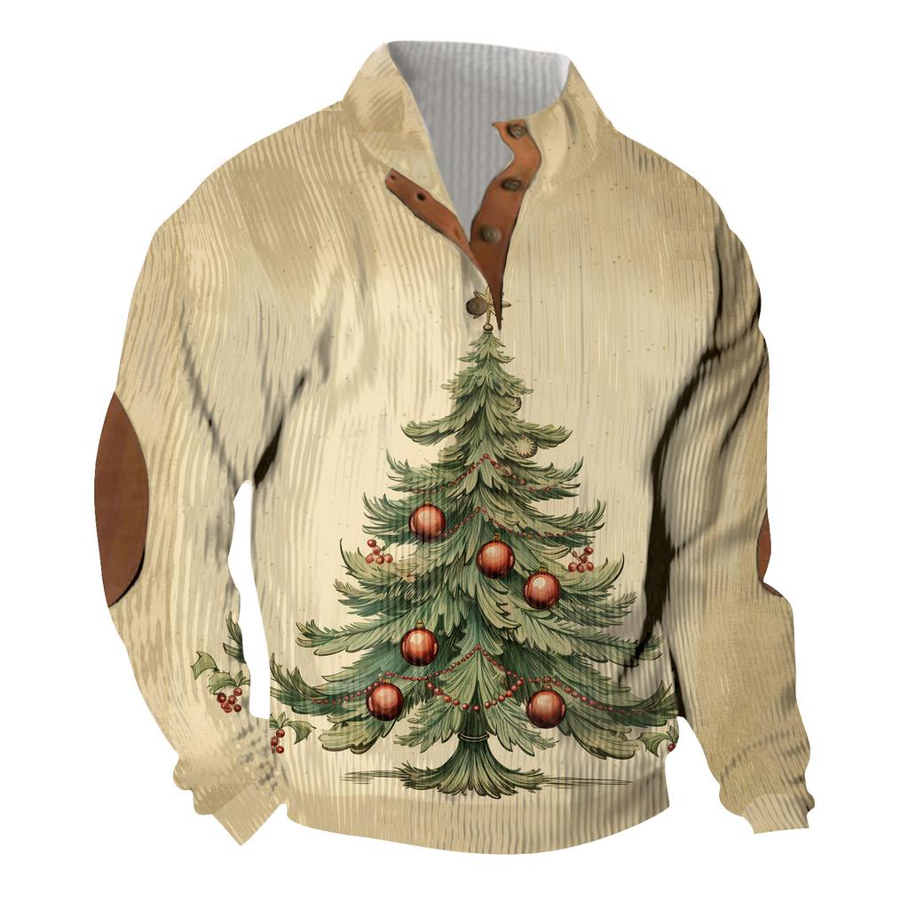 Christmas Print 3-button - Men's Stand Up Collar Sweatshirt, Outdoor Casual Hoodie With Buckle