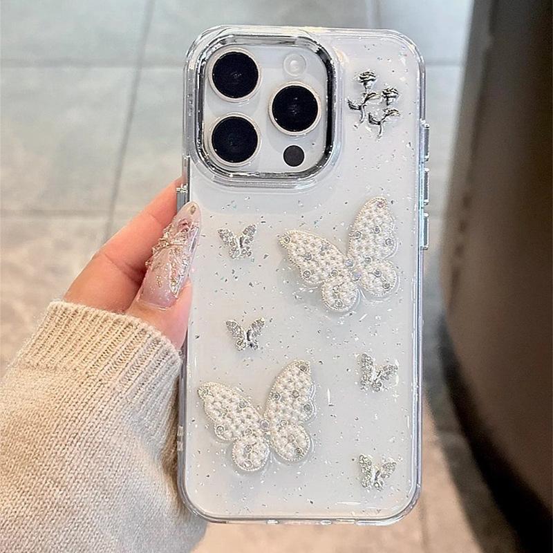 Applicable iPhone15promax mobile phone case Apple 16 premium pearl butterfly glitter 14plus protective case female