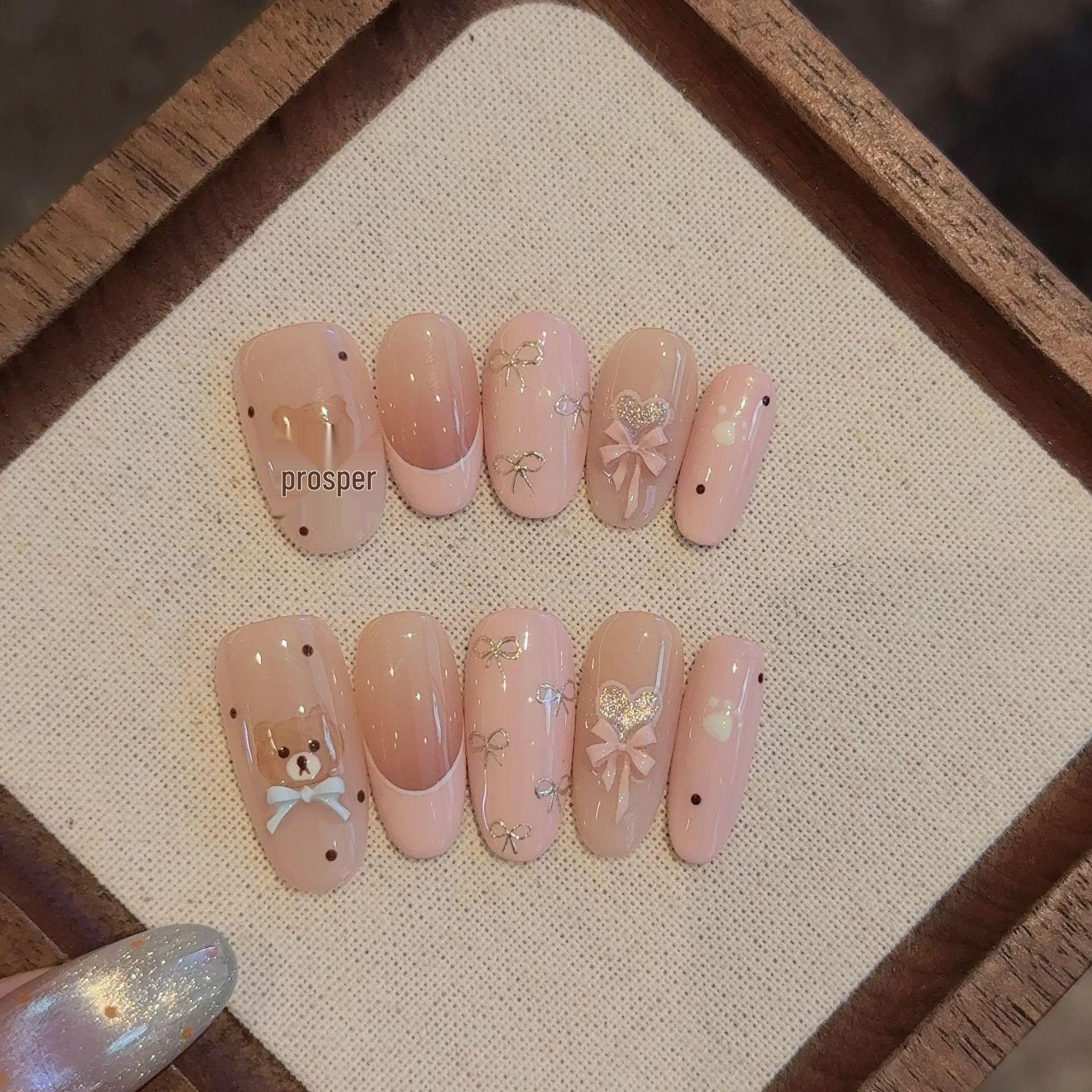 Hand-Painted Cute Bear & Bow Cat Eye Press-On Nails - Trendy Wearable Manicure