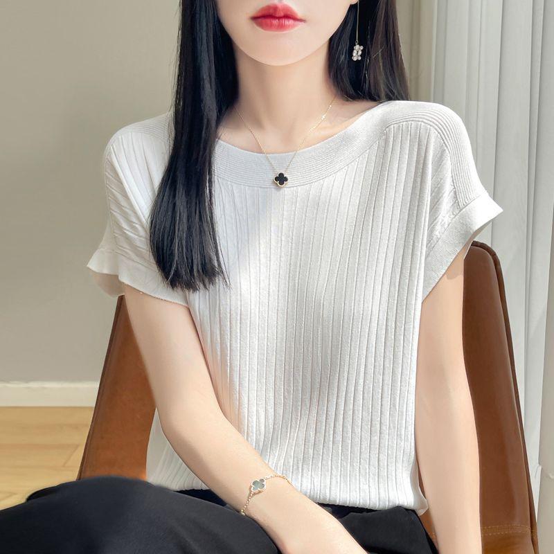 Fashion Slash Neck Women Sweater Ice Silk Spring Summer Knitted Sweater Loose Casual Korean Shirts Short Sleeve Knitwears