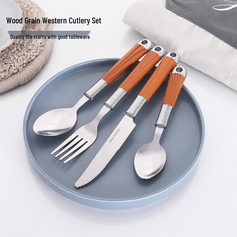 

Stainless Steel Wood Grain Cutlery Set: Knife, Fork, Spoon - Ideal for Household, Hotel, or Restaurant Use.
