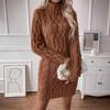 Damen Pulloverkleid Herbst Winter Schlankes Strickkleid Rollkragen Zopfmuster Langarm Gestricktes Abendkleid