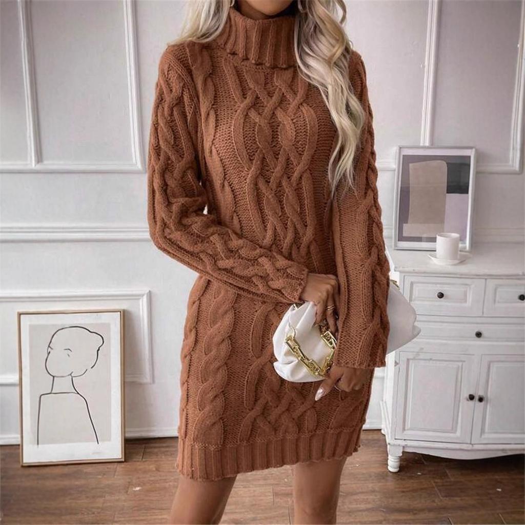 Damen Pulloverkleid Herbst Winter Schlankes Strickkleid Rollkragen Zopfmuster Langarm Gestricktes Abendkleid