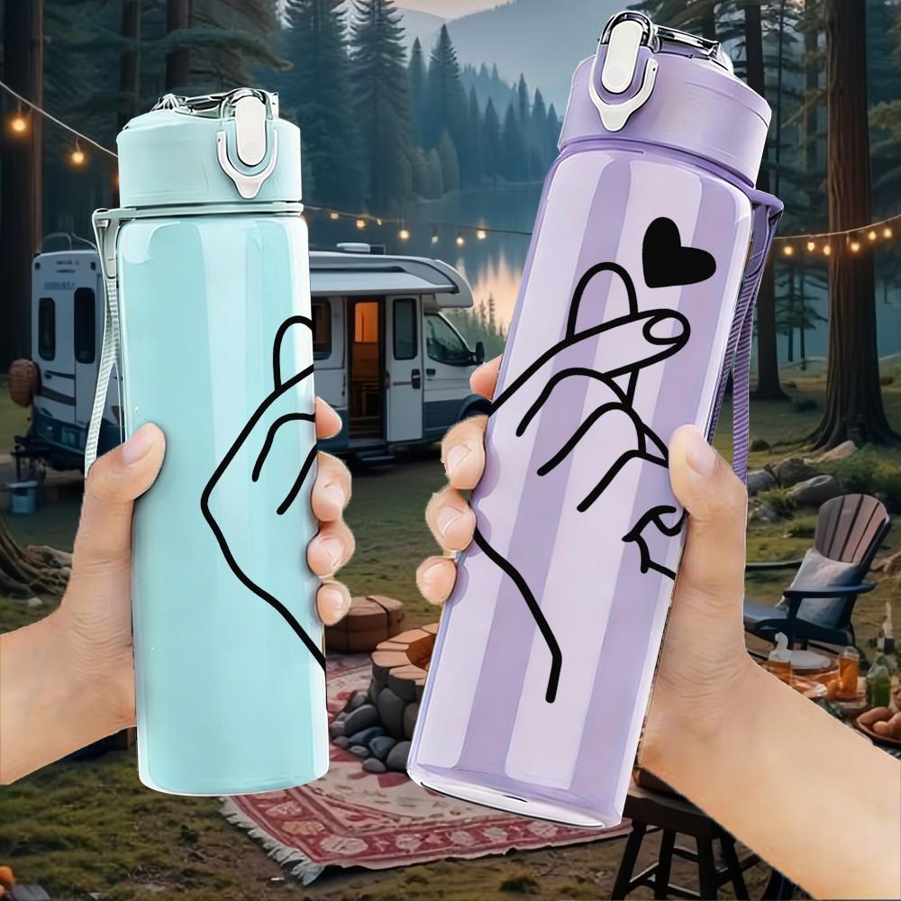1PC Minimal Hand Hold Heart Line Art Print 750ml Color Plastic Sports Water Bottle Leakproof Flip Straw Lid Suitable for Sports Office Home Use