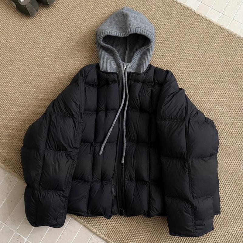Knitted hooded puff cotton-padded clothes for  new fake two-piece loose cotton-padded clothes, warm and thickened cotton-padded jacket.