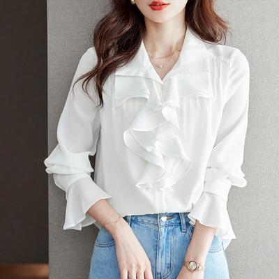 Fashion Ruffles Long Sleeve Chiffon Shirt Women Button Up Casual Loose Women Blouse White Elegant Office Lady Tops Clothes 28768