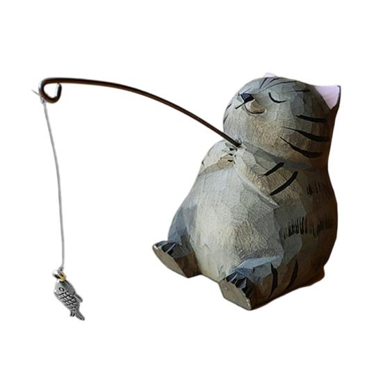 Hand-Carved Wood Ornaments Fishing Cat Sculpture Miniature Solid Wood Desktop Decor Eco-Friendly Painted Cat Figurine for Home Office Gift