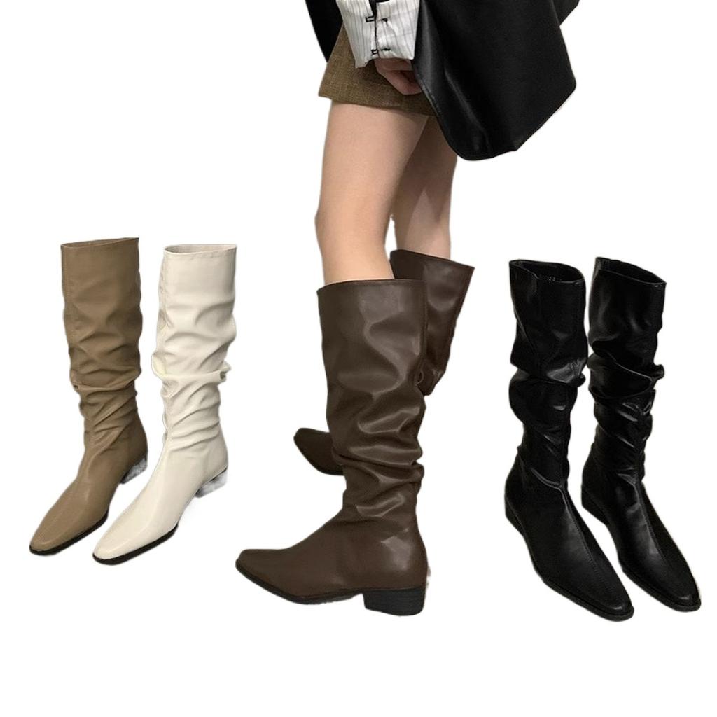 Thick heel pleated long tube knight boots women's shoes 2025 new spring and autumn western thin medium tube long boots