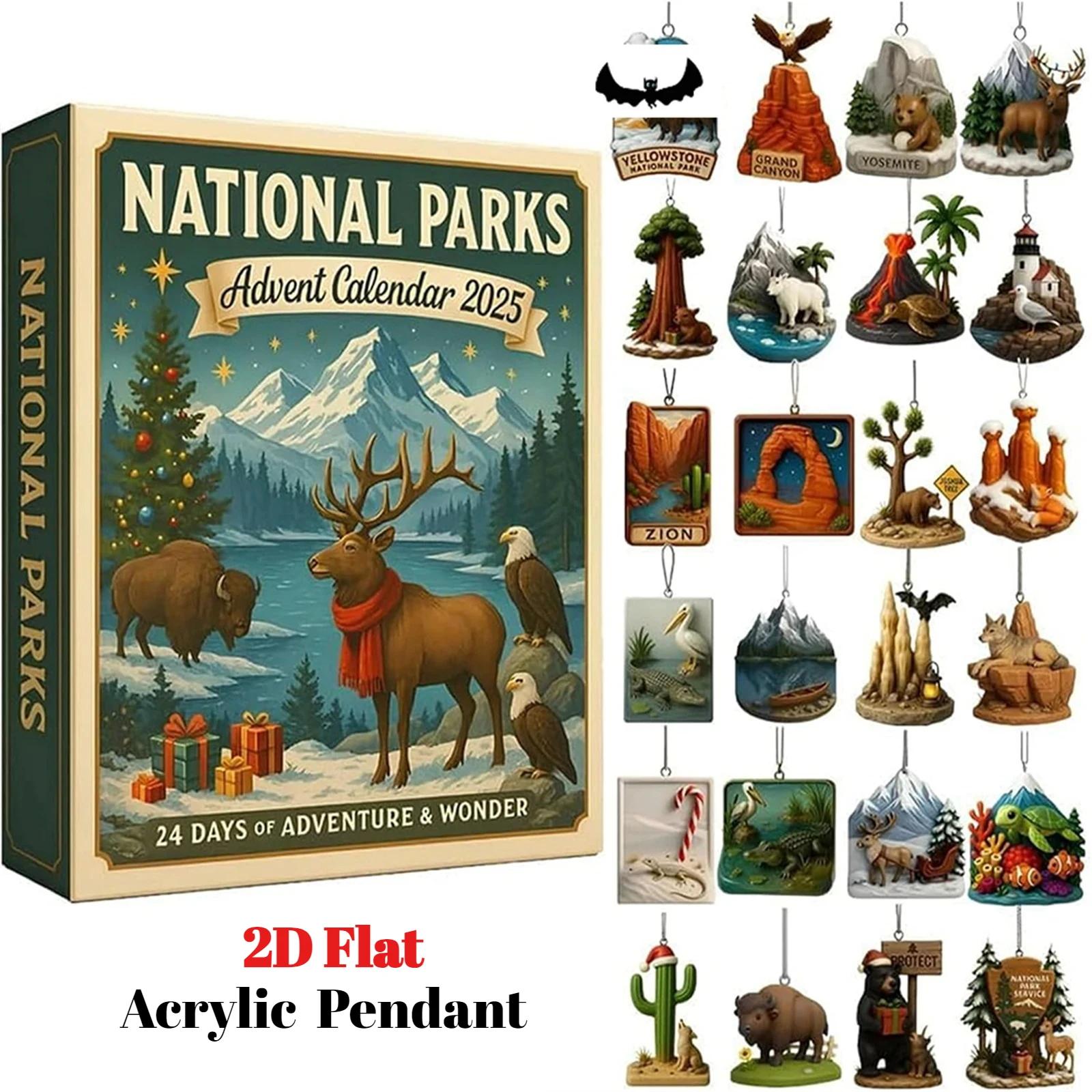 

Адвент-календари Национальных парков 2025, Календарь обратного отсчета до Рождества на 24 дня, 2D плоские акриловые украшения с пейзажами дикой природы Национальных парков, подарок 26x18x3cm красный