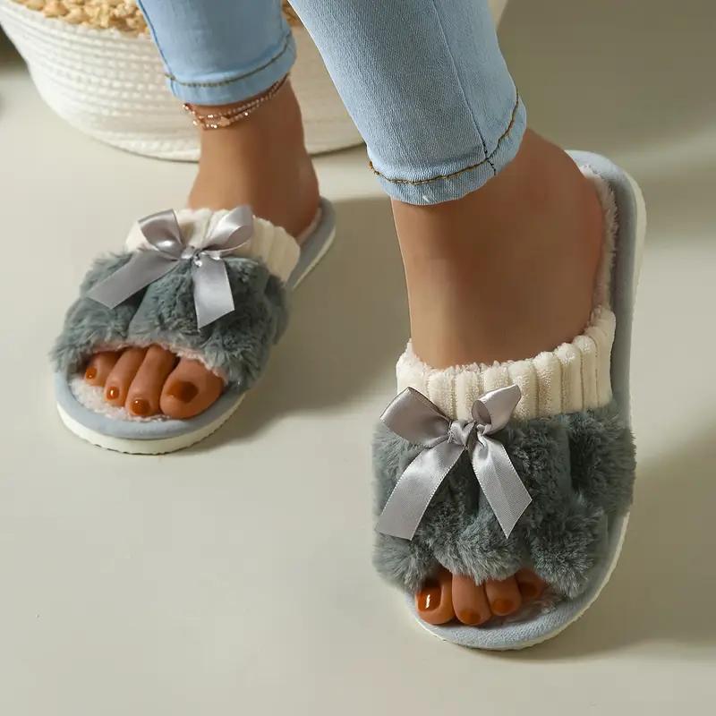 Autumn and Winter Soft Comfortable Bow Pattern Plush Velvet Casual Slip-On Slippers with Non-Slip Sole, Women's Home Shoes