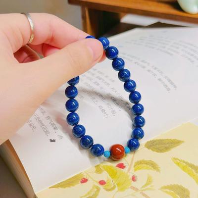 Přírodní náramek z korálků Lapis Lazuli a Nanhong s jedním kroužkem a korálky Emperor Sand s Akvamarínem - Dámský High-End Retro Styl