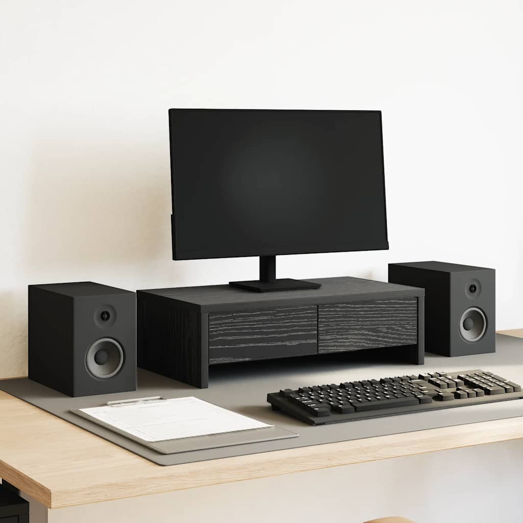 Dual Monitor Stand with Drawers Black Oak Effect 50 X 27 X 15 Cm