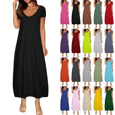 Women's Summer Plus Size Solid Color Sexy Short Sleeve With Pockets Loose Dresses