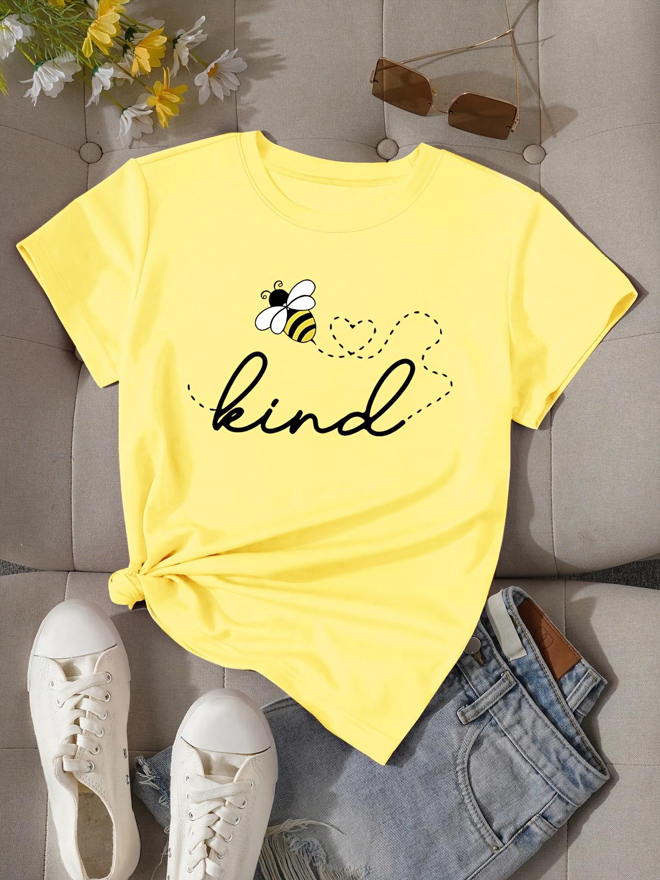 

Bright Yellow Kind Letter & Bee Graphic Tee for Women - Casual Crew Neck Short Sleeve Top Breathable Polyester Blend S