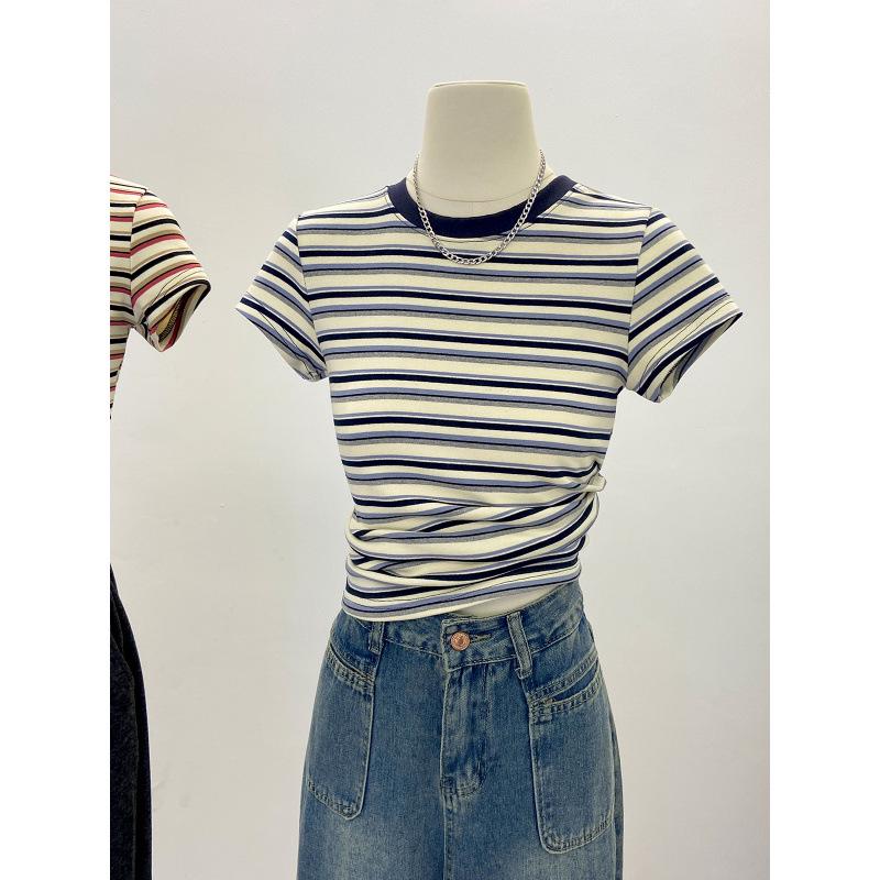 

Women s High-End Color Block Striped Crew Neck T-shirt - Summer 2025 Niche Style L