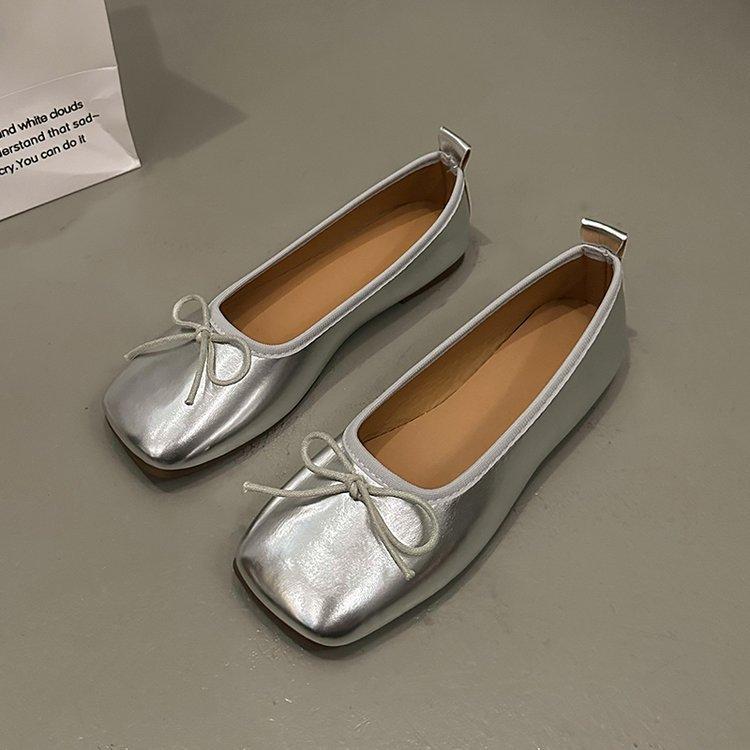 Flache silberne Einzelschuhe Damen Frühling und Sommer Damenschuhe Mary Jane Schuhe Sojabohnenschuhe