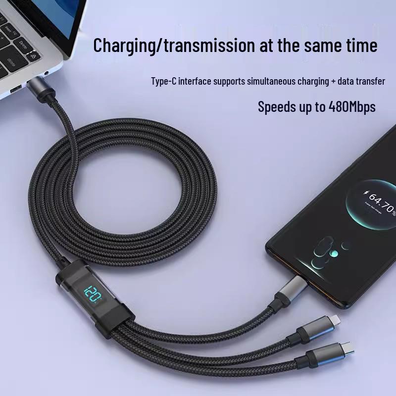 120W 3-in-1 Fast Charging Braided Data Cable for Huawei, Apple, and Type-C Devices with Digital Display