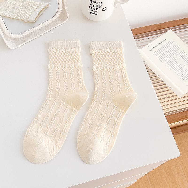 Female Spring and Summer Sweet Lacy Sweat Absorbing Breathable Pure Color Boneless Tube Pile Socks